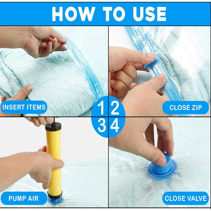 Vacuum Storage Bags Set (5 Bags + 1 Hand Pump) – Reusable Space Saver Compression Bags For Clothes, Bedding & Travel