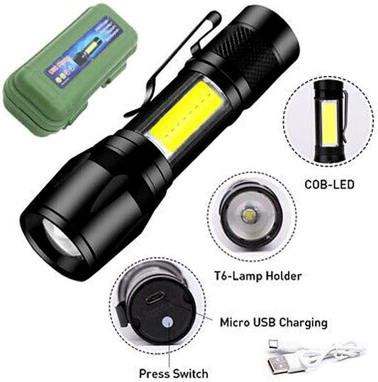 Metal COB Flashlight Torch | Mini LED Rechargeable Work Light | Emergency Penlight | Portable Pocket Torch | Waterproof