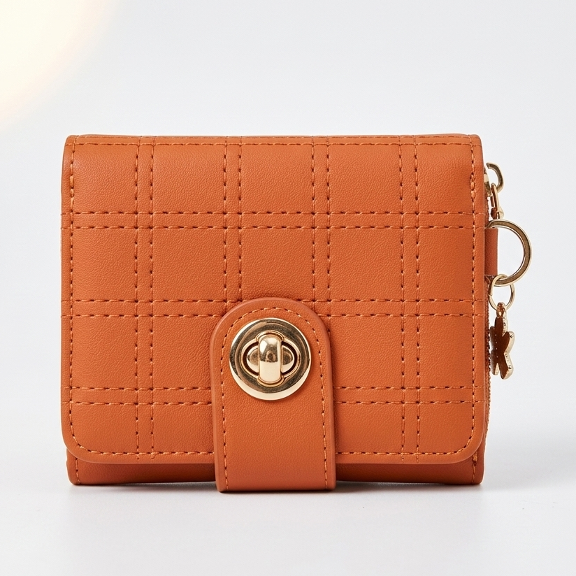 Stylish Compact Check Pattern PU Leather Wallet With Metal Button Closure ~ Camel Brown