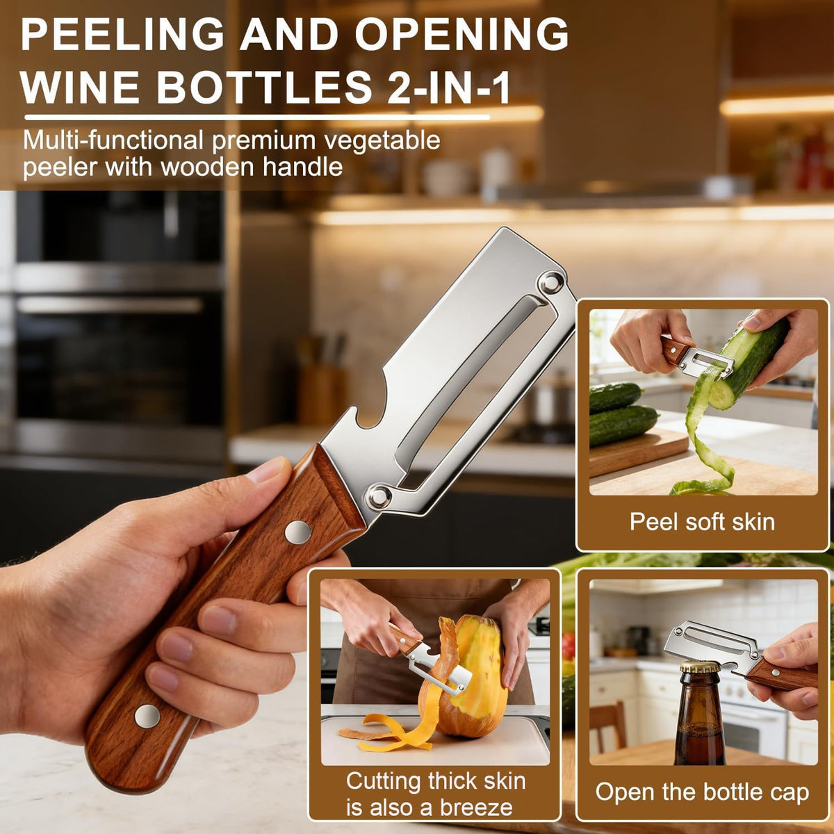 1 PCs Multi-Functional Knife Peelers For Kitchen, Multi Functional Vegetable Peeler, 2 In 1 Multi Functional Wooden Handle Peeler And Bottle Opener